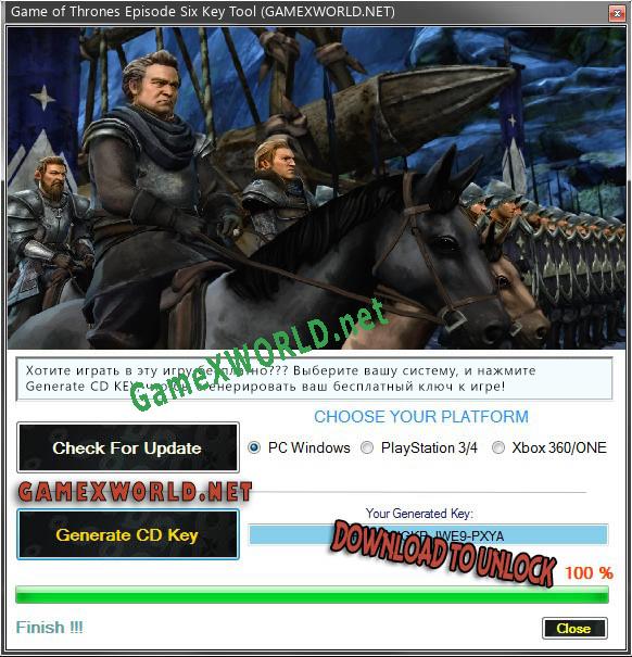 Регистрационный ключ к игре  Game of Thrones Episode Six