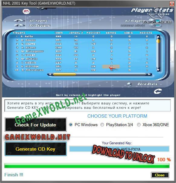 Регистрационный ключ к игре  NHL 2001