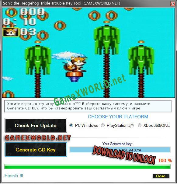 Регистрационный ключ к игре  Sonic the Hedgehog Triple Trouble