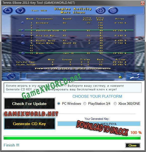 Регистрационный ключ к игре  Tennis Elbow 2013