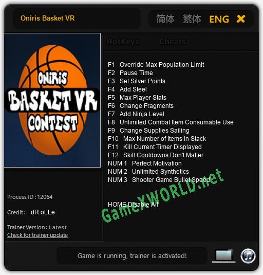 Oniris Basket VR: Читы, Трейнер +15 [dR.oLLe]