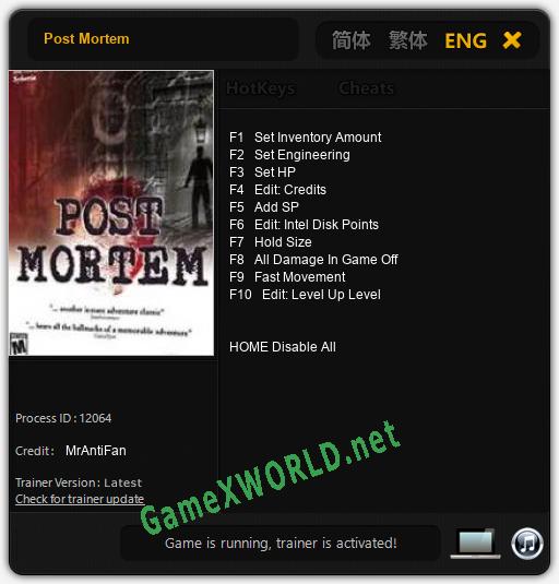 Post Mortem: Читы, Трейнер +10 [MrAntiFan]