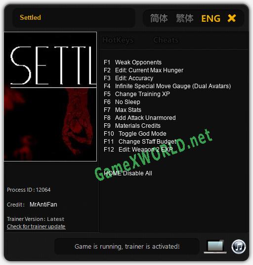 Settled: Читы, Трейнер +12 [MrAntiFan]